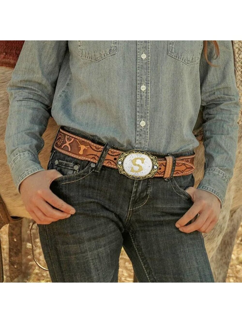 unisex S Imported Cowboy Rodeo Gold Initial Letter Belt Buckle - Picture 5 of 6